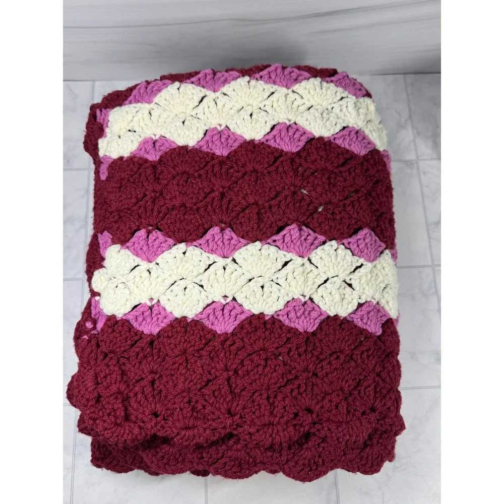 Handmade Crochet Shell Stitch Blanket Burgundy Pink Cream Scalloped Throw 60x50